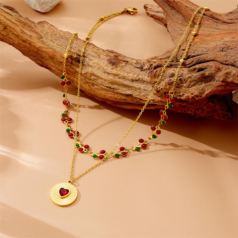 DIEYURO 316L Stainless Steel cherry Circular Inlaid Red Heart Zircon Double-layer Necklace WomensTrend Neck Chain Jewelry Gift