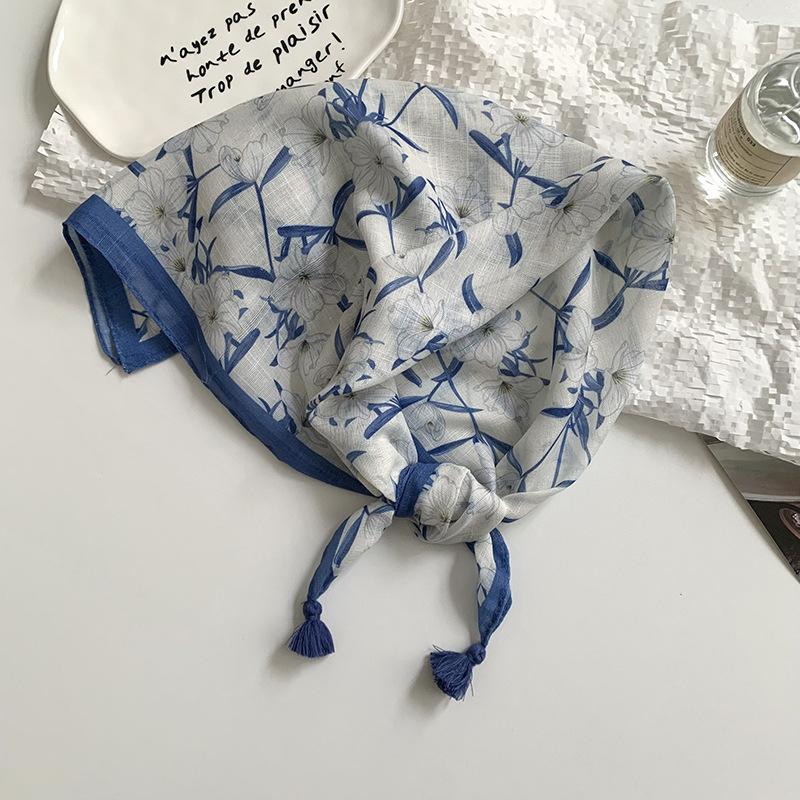 Премиальный хлопковый и льняной шелковый шарф, шарф для защиты шеи, маленький свежий квадратный шарф, цветочный платок для головы, повязка для волос, аксессуары для волос с бахромой