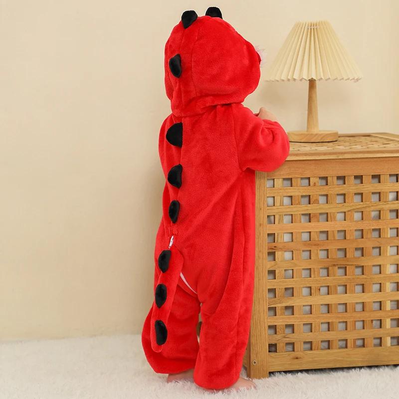 Детские комбинезоны с динозаврами, зимние с капюшоном, фланелевые, для малышей, детская одежда, комбинезоны, костюм для детей на Хэллоуин