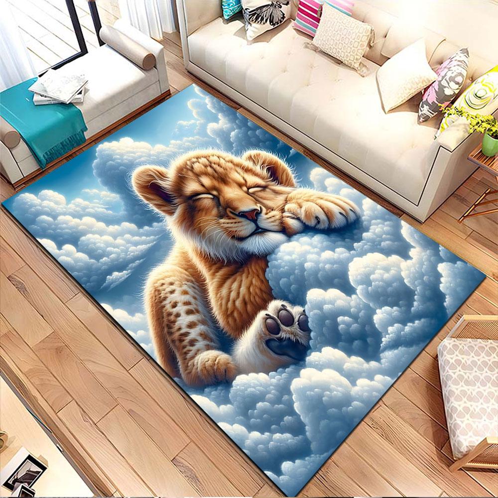 Lion Cub Dreaming on Clouds Patterned carpet, non slip mat suitable for living room and bedroom sofas