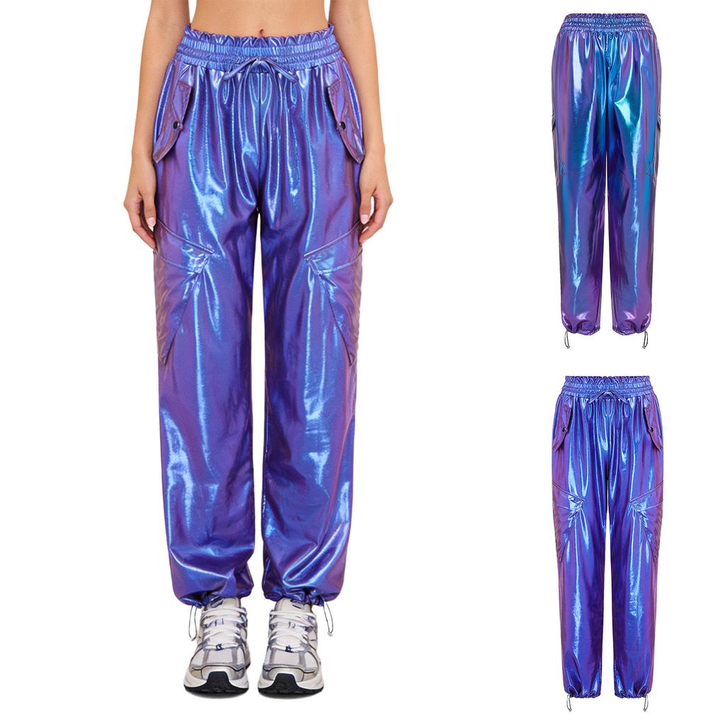 Shiny Metallic Cargo Pants for Women Elastic Waistband with Ruffle Trim Multiple Pockets Jogger Style for Hip Hop Music Stage Outfit