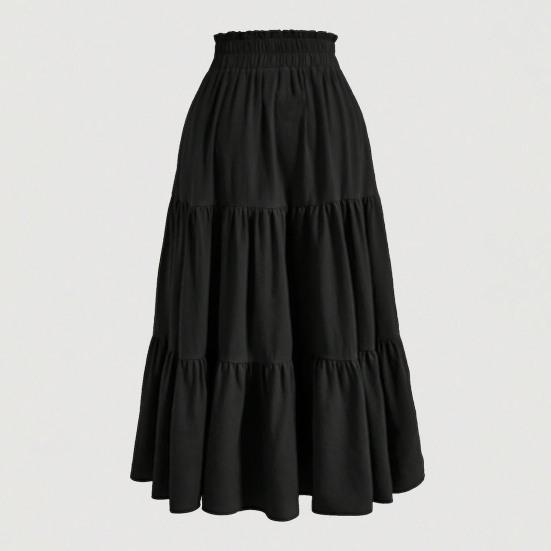 Bohemian Style Women Skirt Elastic High Waist Adjustable Drawstring Cake Skirt Solid Color A-Line Summer Skirt