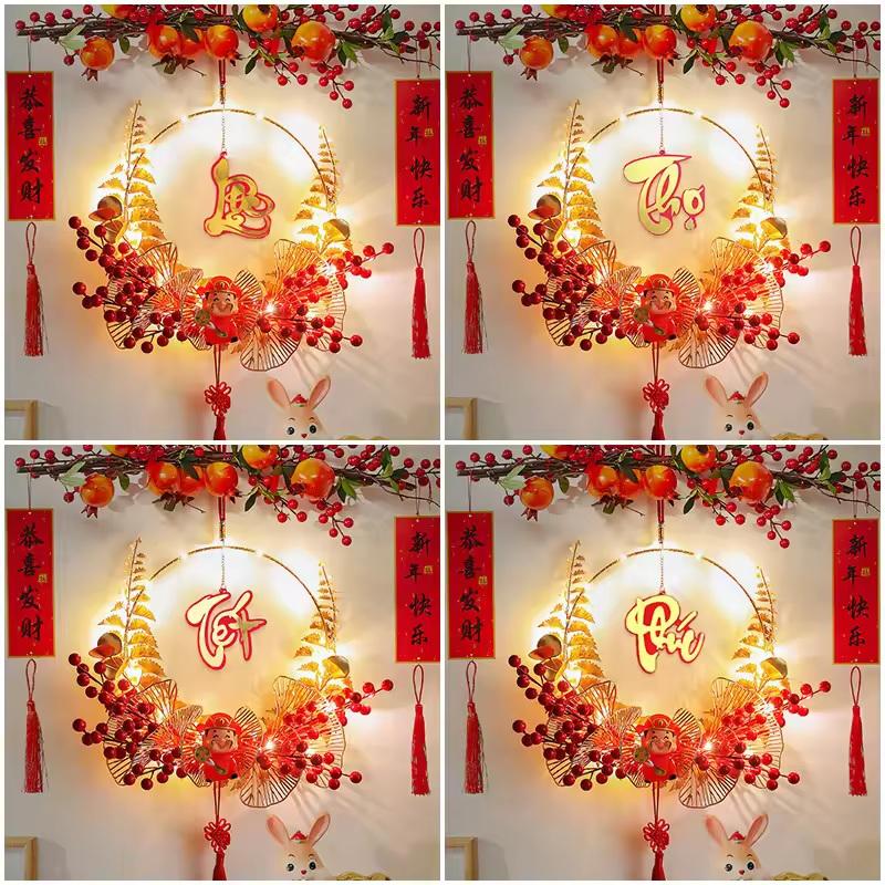 Светодиодный венок на Китайский Новый год 2026 - Счастливый Бог Богатства "Фу", подвесное украшение на Праздник Весны