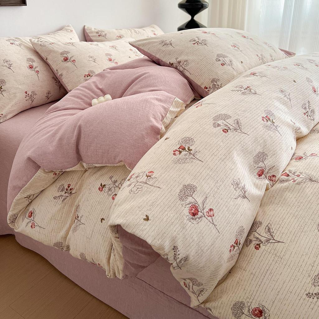 Floral Washed Cotton Jacquard Bedding Set – Four-Piece Duvet Cover with Rounded Corner Bed Sheet