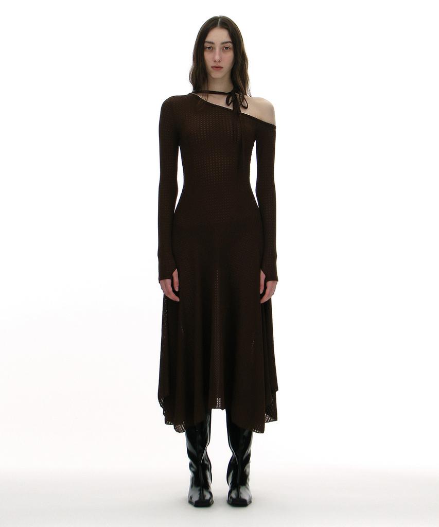 Partimento Woman Jacquard Tie-Neck Midi Dress_Brown