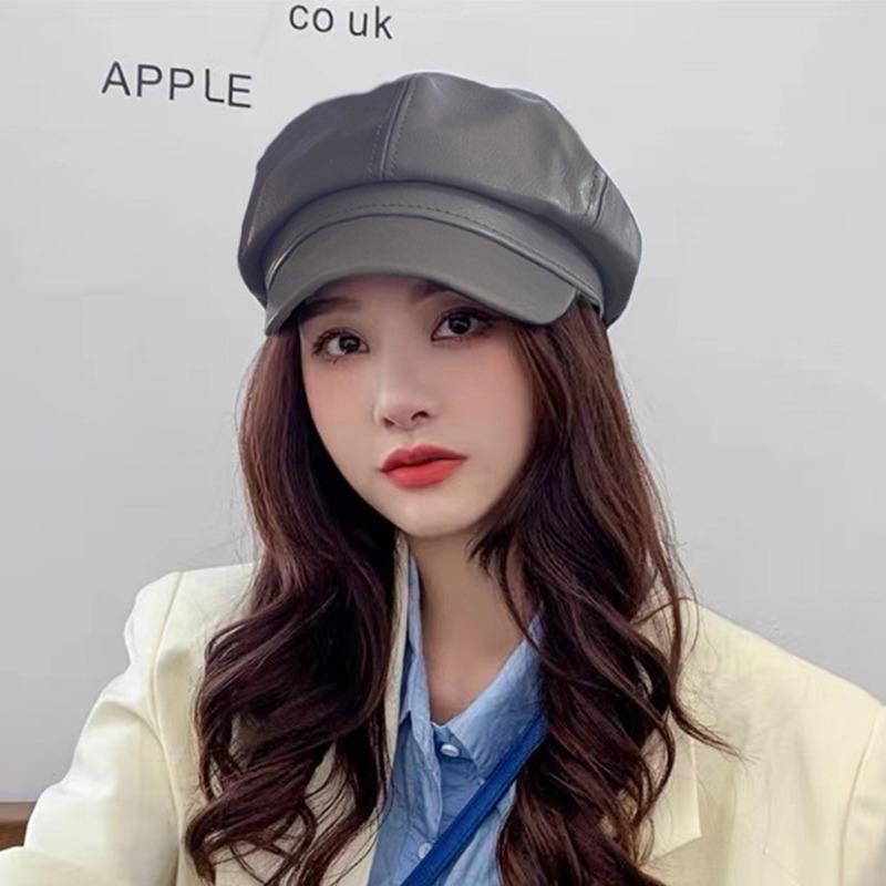 Berets Female Korean Version Small Pu Leather Caps Octagonal Caps