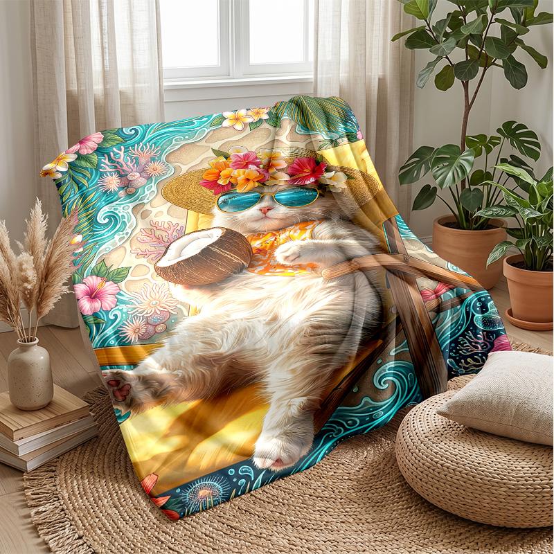 Summer Cat Paradise Theme blanket Lightweight Warm Flannel Blanket Decorative Throw Blanket for Home Decoration