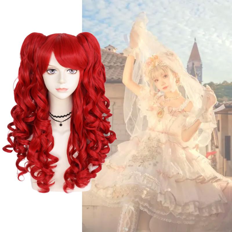 Lolita Cosplay Wig With Double Tiger Clips Red Long Curly Synthetic Hair For Anime Costumes