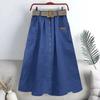 2025 Весна Лето Женская эластичная юбка из стираного хлопка с высокой талией, с карманом на поясе, однотонные длинные юбки А-силуэта, с разрезом по низу, универсальные юбки