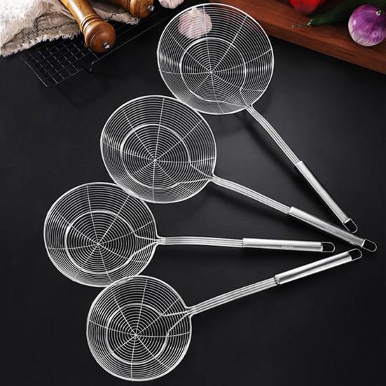 Ложка с прорезями из нержавеющей стали, мелкая сетка, защита от ожогов, длинная ручка, термостойкая жарка, сито для жарки пищевого масла, жира, скиммера