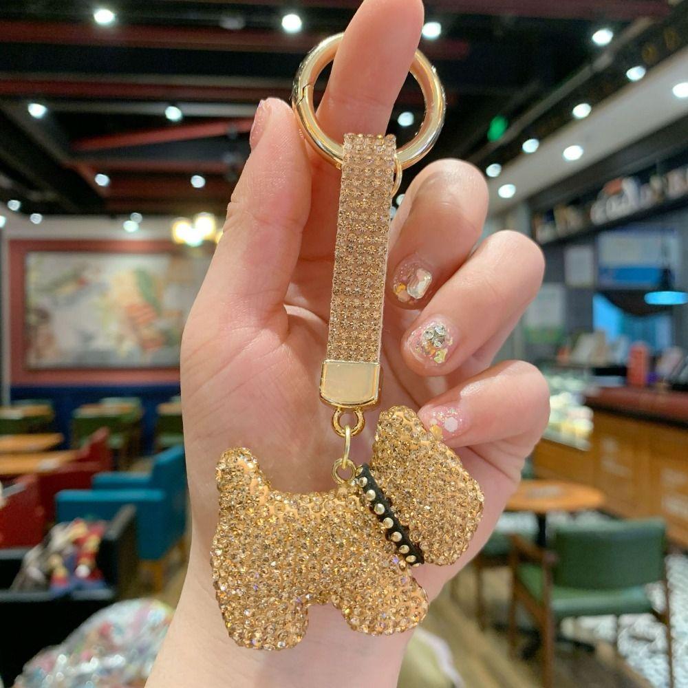 Korean Rhinestones French Bulldog Keychain Cartoon Rhinestone Car Keyring Cute Bag Charm Gift