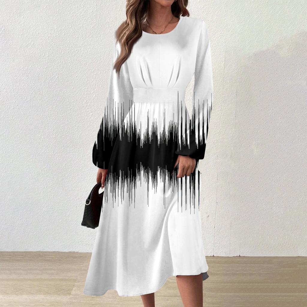 Женское осенне-зимнее повседневное модное платье с круглым вырезом и длинным рукавом с принтом