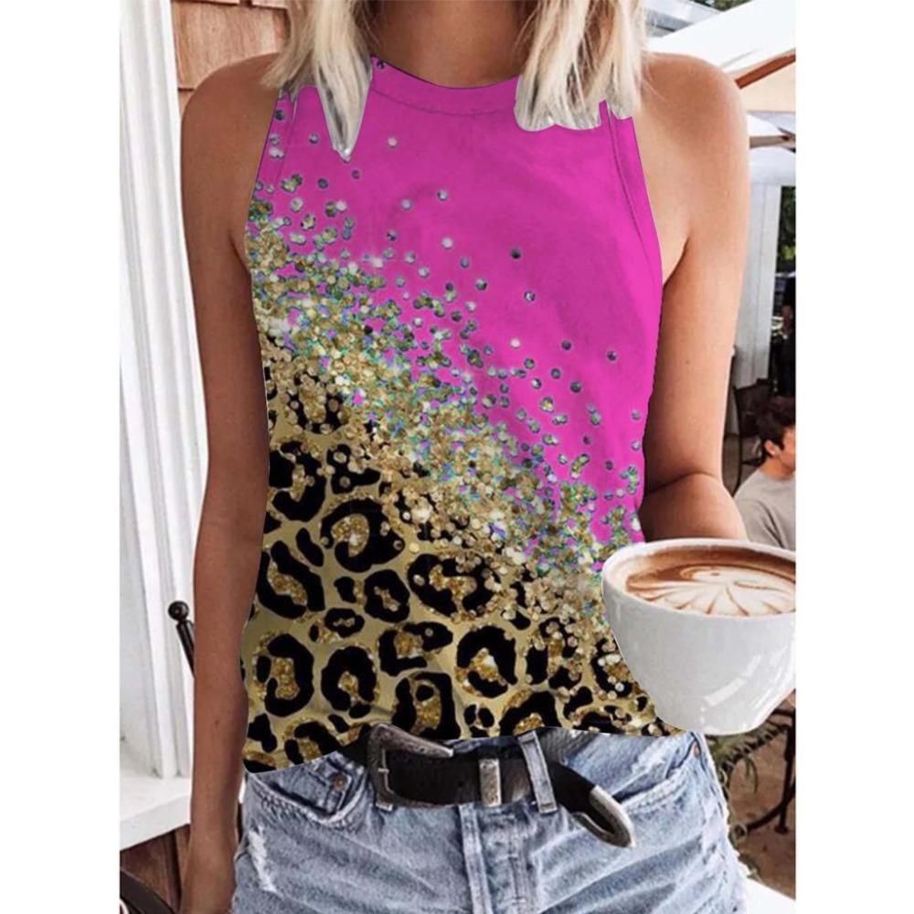 Летние топы с леопардовым принтом и пайетками, 3D-принт, женская мода, уличная одежда, свободный жилет с круглым вырезом, без рукавов, женская майка