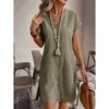 Женское элегантное однотонное платье с пуговицами спереди, с V-образным вырезом, с короткими рукавами - Повседневное, Повседневная одежда | Платье с V-образным вырезом | Платье с короткими рукавами