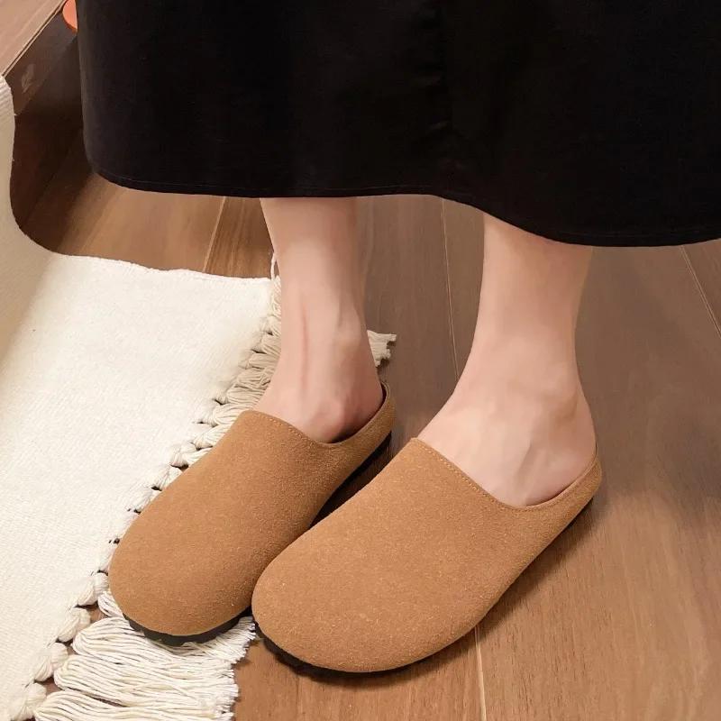 2024 Лидер продаж Новые женские тапочки с круглым носком Осенние новые ретро однотонные женские туфли с плоской подошвой на пятке Zapatos Mujer
