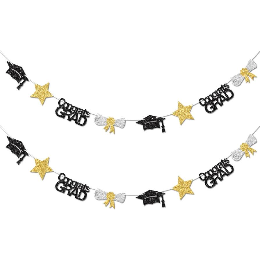 Black and Red Congrats Grad Banner Graduation Decorations Class of 2026 Glitter Star Grad Cap Certificate Bunting Garland for Graduation Party
