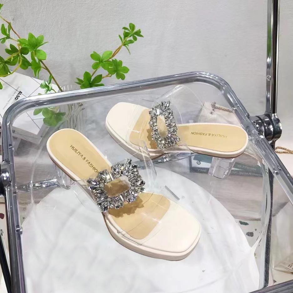Модные прозрачные туфли на высоком каблуке со стразами и пряжкой, женские туфли на толстой подошве с двумя ремешками, женские босоножки на каблуке из плексигласа с кристаллами