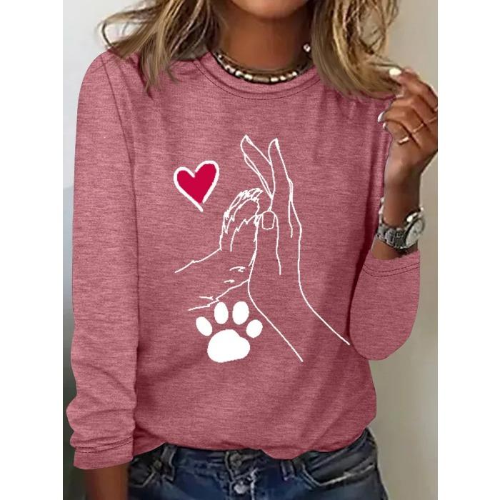 Round Neck 3D Printed Love Cat Footprint Pattern Top Fashionable Casual Long Sleeved Women's T-shirts