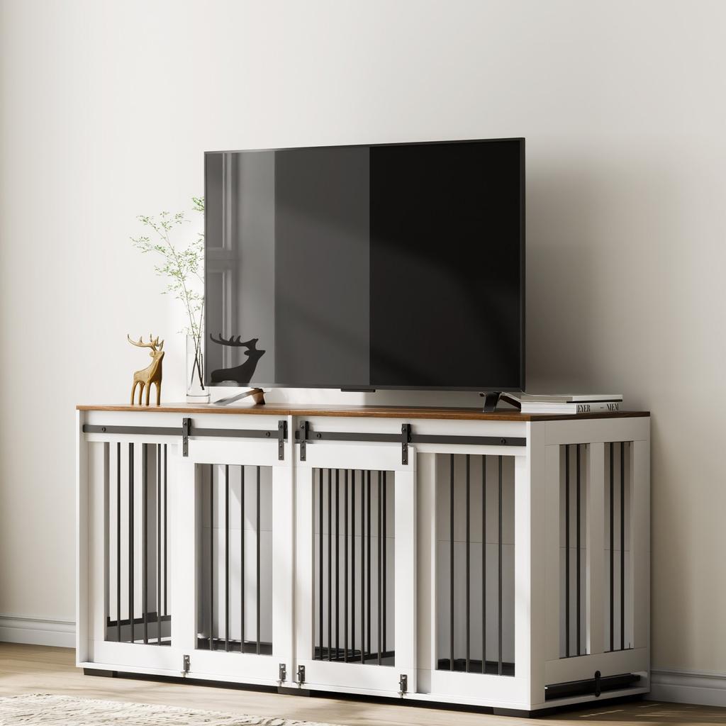 VEVOR 72" Dog Crate Furniture for 2 Dogs, Double Dog Crate Furniture with Double Sliding Doors, Large Dog Crate TV Stand with Removable Tray