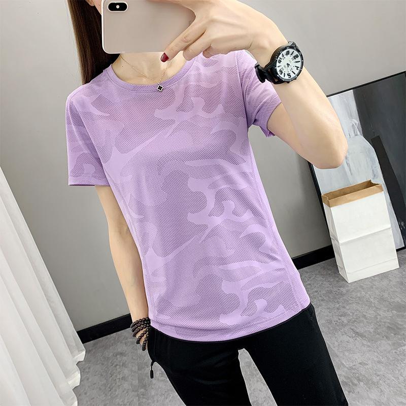Женская летняя футболка Yoga Slim Solid Color Outdoor Sports из жаккарда Quick Dry с круглым вырезом