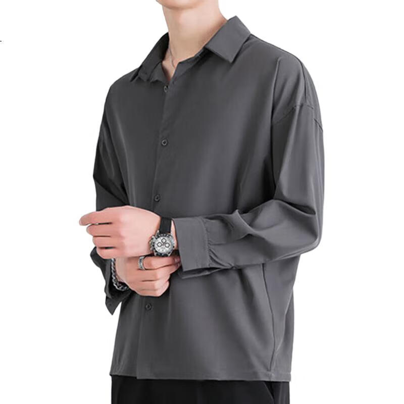 VANCAMEL Men's Long-Sleeve Shirt, Loose Casual Menswear Top, Korean-Style Solid Color Clothing, Black, 2XL
