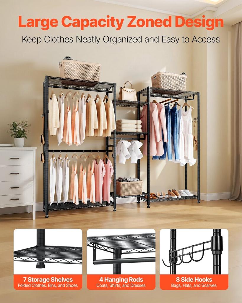 Clothing Garment Rack, Heavy Duty Closet Wardrobe, 7 Adjustable Tiers Clothes Racks with Steel Frame, 385.5 kg Load Capacity Clothes Rack with 4
