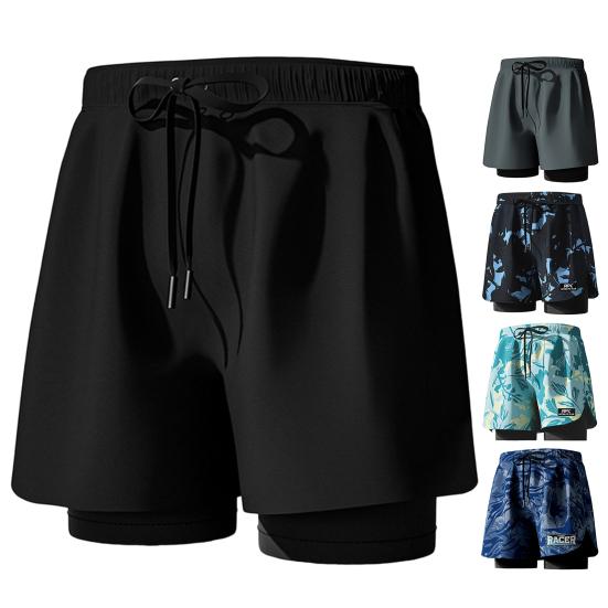 Мужские летние плавки с эластичной резинкой на талии и принтом, шорты для плавания с поддерживающими компрессионными вкладышами, карманами с принтом, плавки для плавания