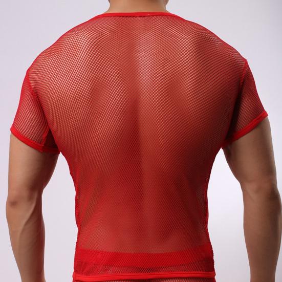 Мужские топы с V-образным вырезом, с коротким рукавом, с полым сетчатым дизайном, футболка однотонная, дышащая, в повседневном стиле, для ежедневной носки