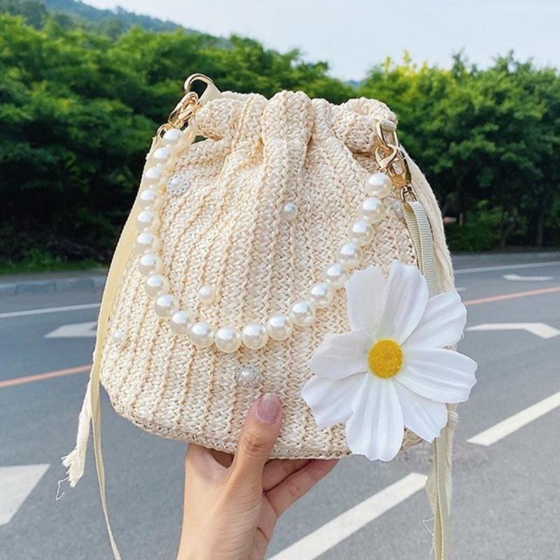 Маленькая плетеная сумка Fresh Flower с жемчужной цепочкой, сумка-тоут Holiday Wind Beach Crossbody Bucket Bag