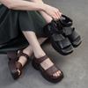 Retro Peep Toe Square Toe Thick Bottom Sandals Genuine Leather Comfortable Women's Platform Shoes