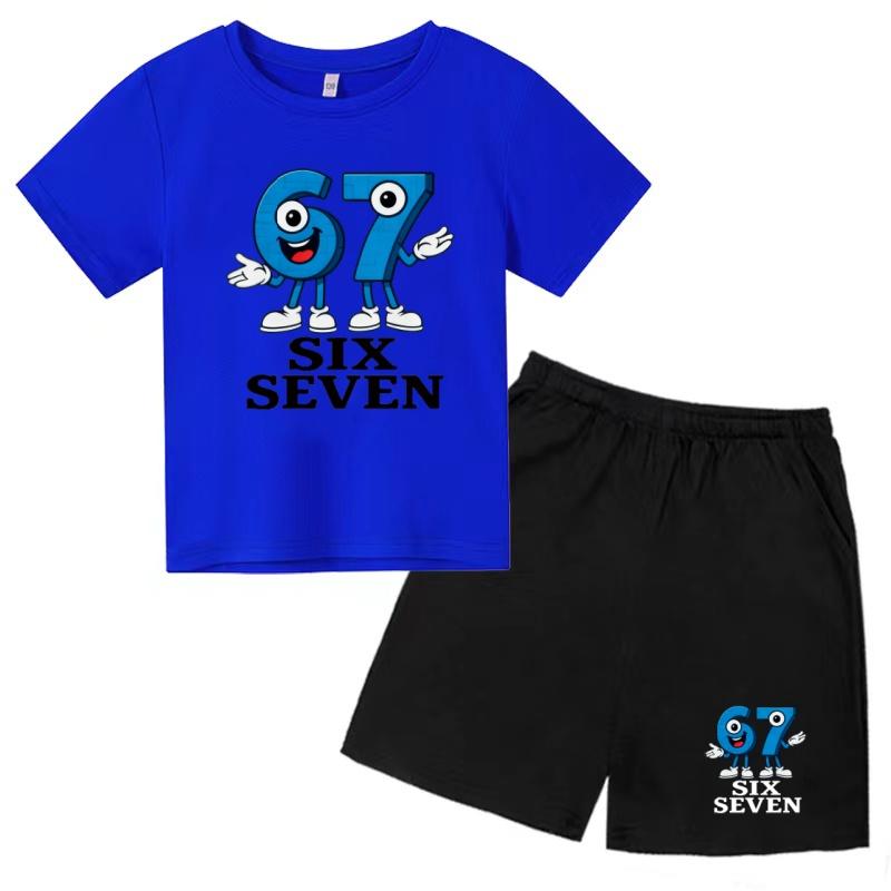 Children Summer Six Seven 67 Cartoon Print Casual Set Clothes T-shirt+Shorts 2P Charming Boy Girl Toddler 3-12 Yrs Short-sleeved