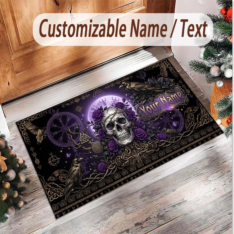 Skull Gothic Theme Soft Crystal Velvet Rug Custom Name & Text Print Non Slip Floor Rug for Bedroom Living Room