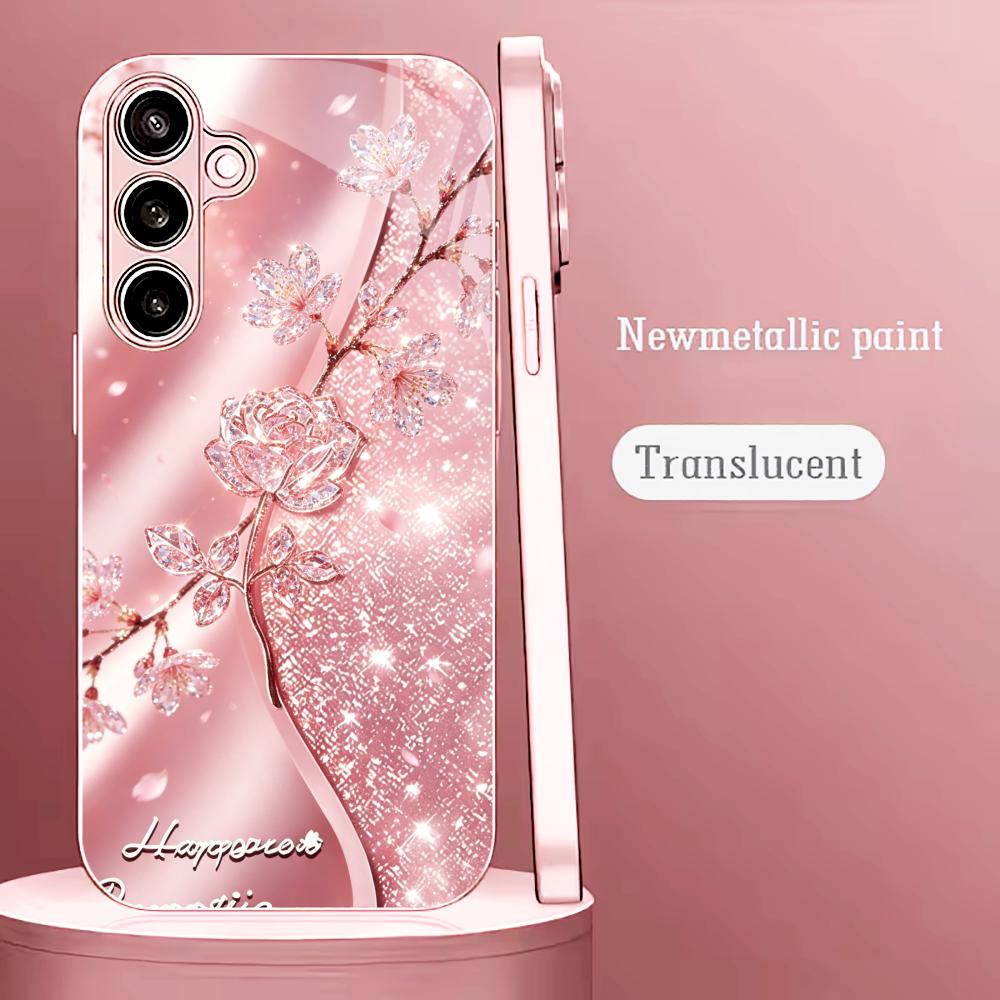 Pink Glitter Crystal Rose phone case s26 ultra case quad lock glass for Samsung Galaxy S26 S25 S24 S23 S22 FE Ultra Plus