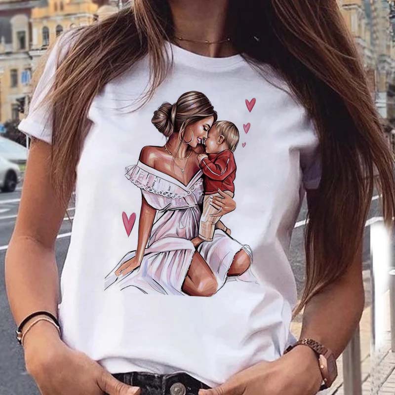 Женская футболка с рисунком «Мама, дочка, сын», женские футболки с принтом, топы с короткими рукавами, женская футболка с кавайным рисунком, женская футболка, одежда
