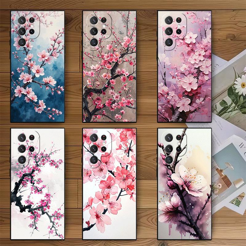 Чехол-накладка для Samsung Galaxy S26 S25 Edge S24 Ultra S23 Plus S22 S21 FE S20, мягкий, с рисунком Сакуры (Цветущей вишни), Черный