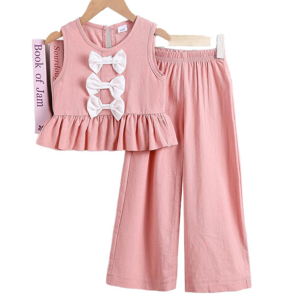 Летний детский комплект из двух предметов: топ без рукавов и брюки с милым бантом для девочек