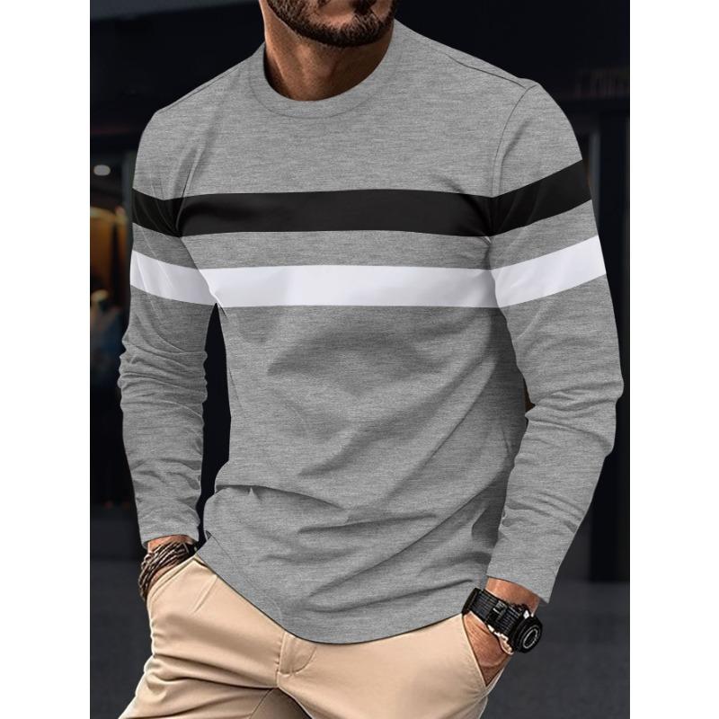 New Spring  Autumn Stripe Men's Long Sleeve T-shirt Round Neck Bottom Top Color Blocked Versatile Fit Comfortable Men's Clothing