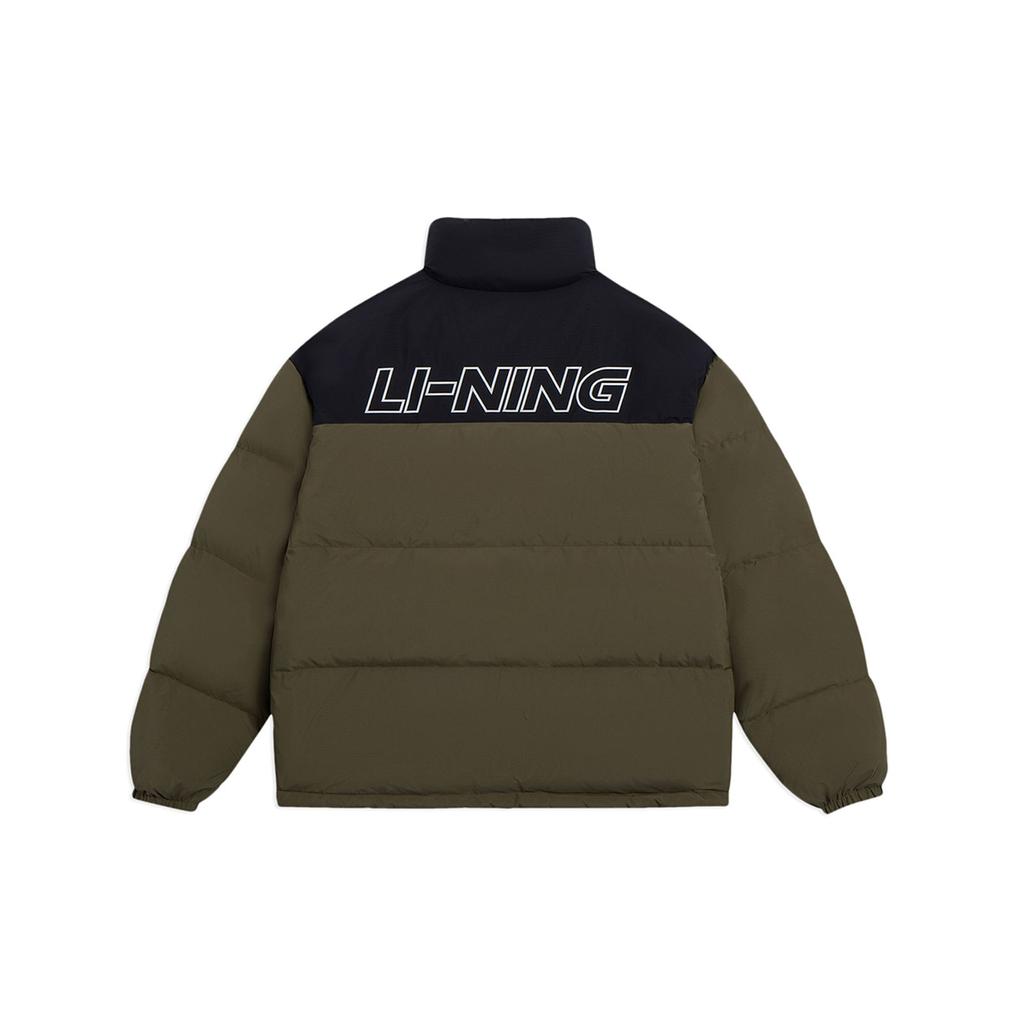 Li-Ning Pure Color Text Logo Zip-Up Stand Collar Down Jacket Unisex Outerwear Military-Olive-Green AYMS307-8