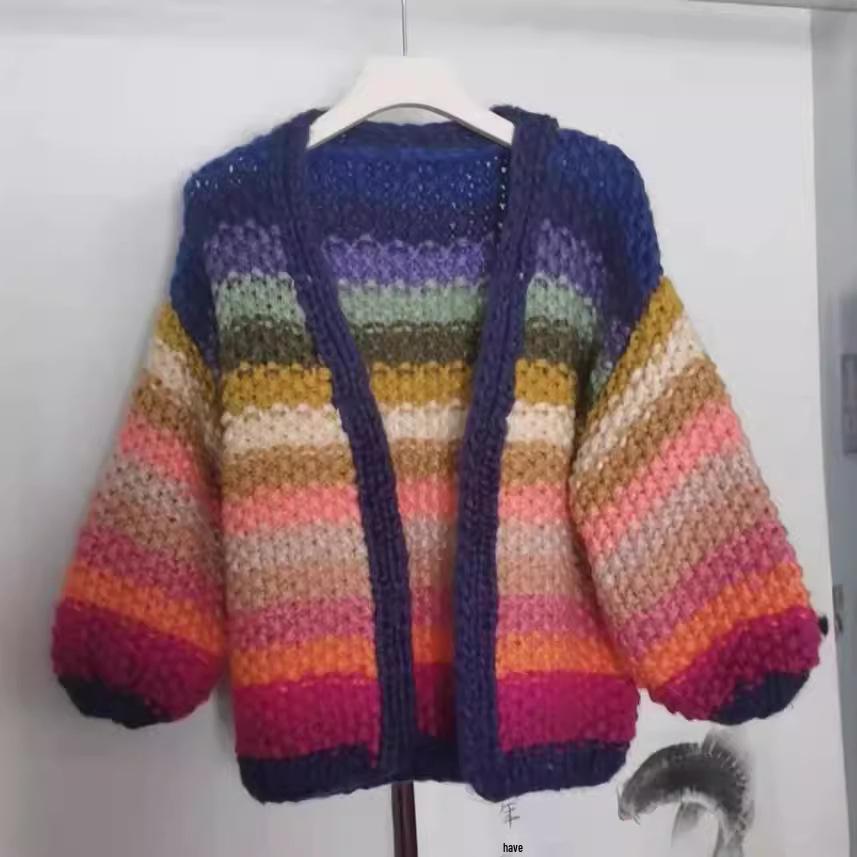 Women's Handmade Chunky Knit Rainbow Stripe Cardigan