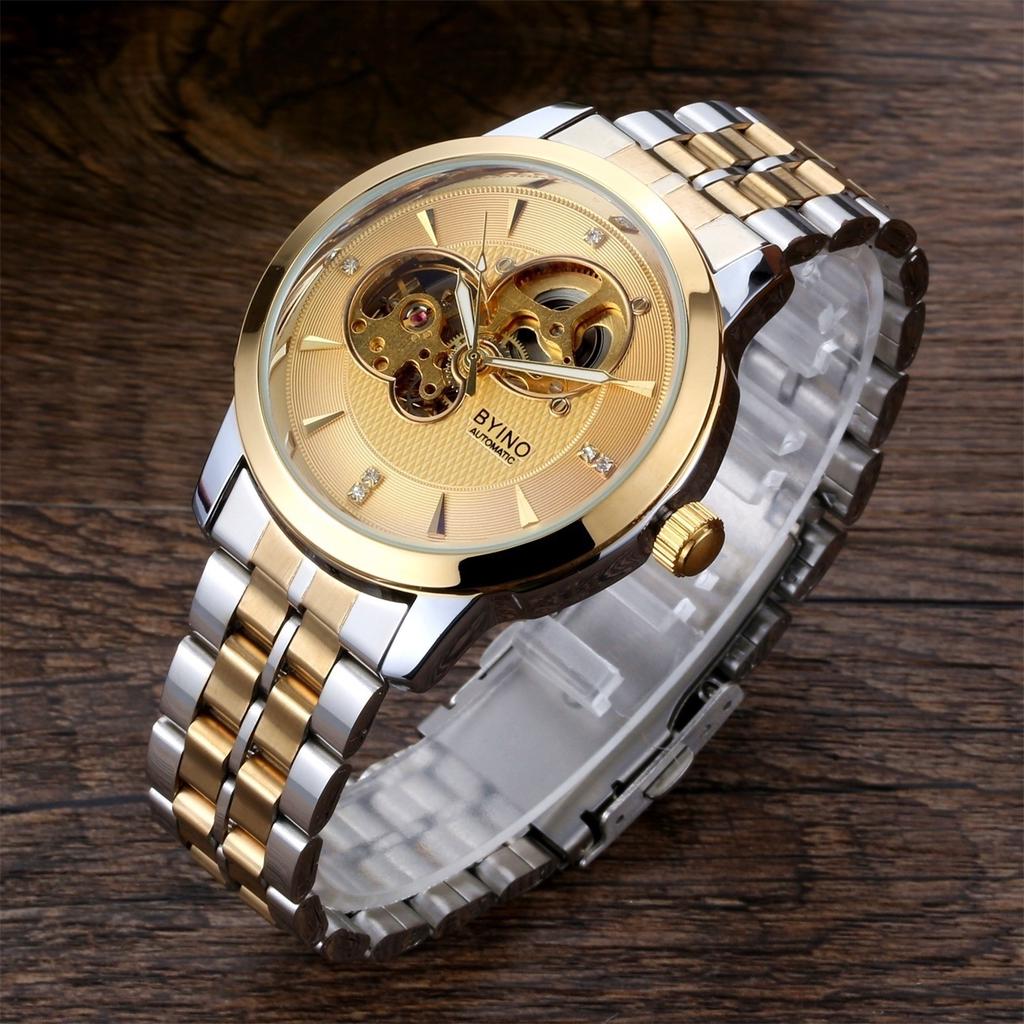 BYINO Мужские механические водонепроницаемые часы из золотой стали