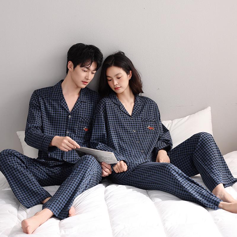 Couple's Plaid Cotton Pajamas Set: Women's Long Sleeve & Pants with Turn-Down Collar