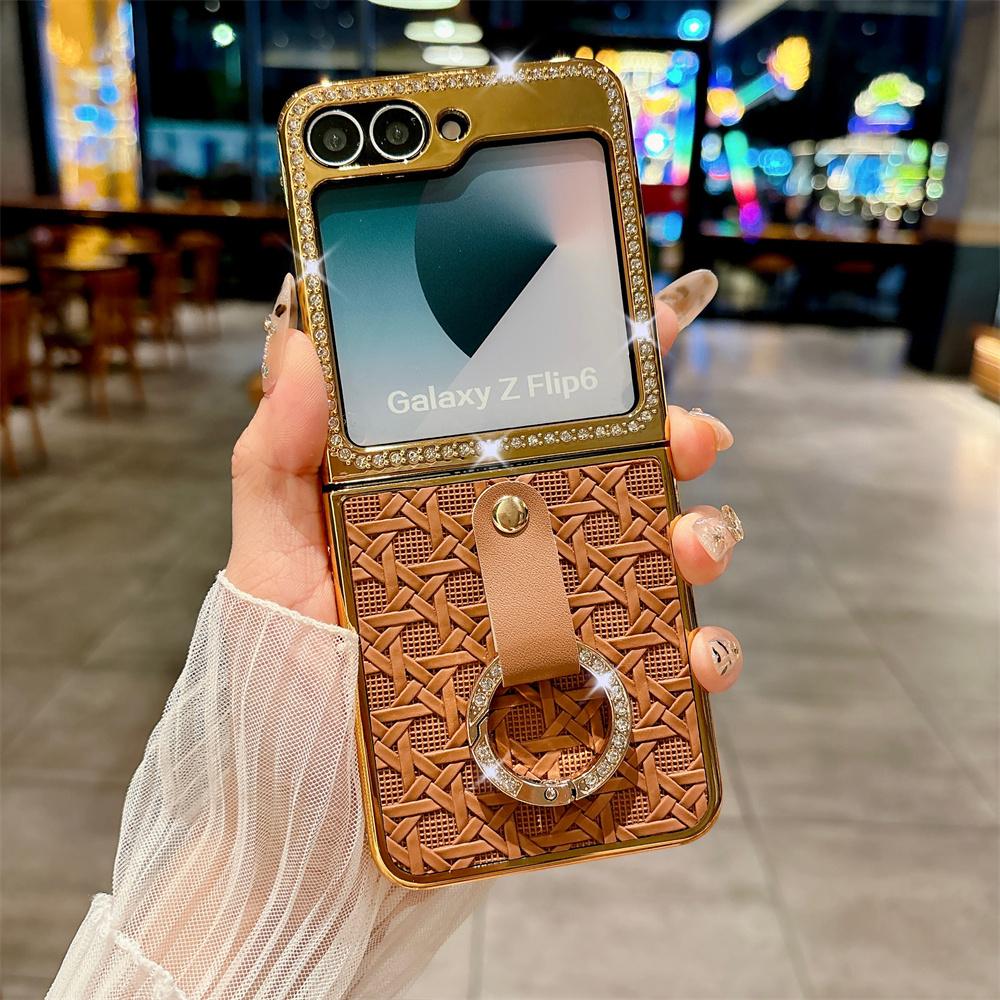 Electroplated Weaving Leather Ring Phone Case for Samsung Galaxy Z Flip 6 5 for Galaxy Flip6 Flip5 5G Protection Cover