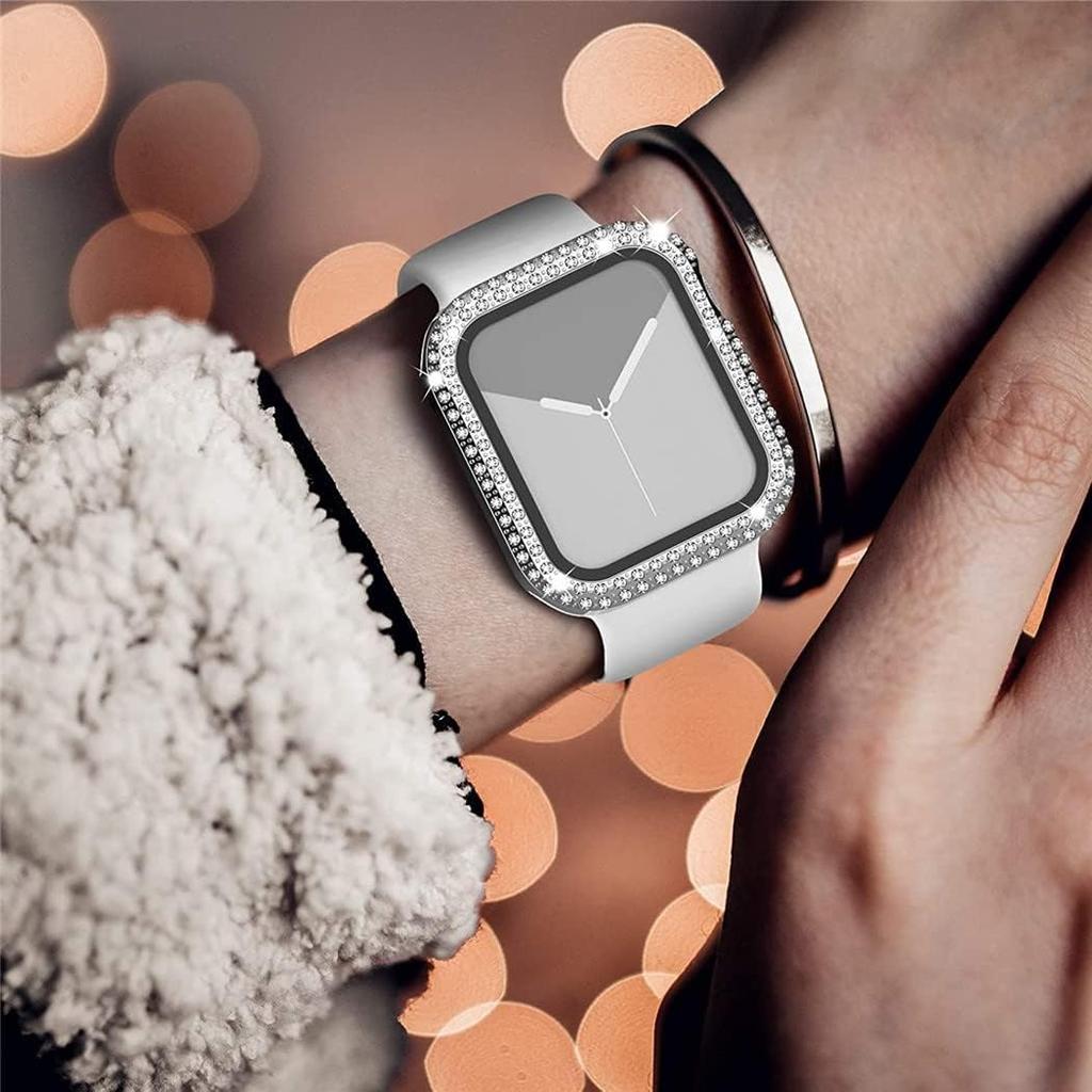 Стекло+Чехол для корпуса Apple Watch 45мм 44мм 41мм 40мм 46мм 42мм Блестящий Алмазный бампер+Защитное стекло для экрана серия 11 10 9 8 7 5 6 4 SE