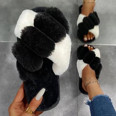 Высокая мода, меховые тапочки смешанных цветов для женщин, осень-зима 2025, мягкая подошва, длинный плюш, комнатные и уличные шлепанцы, женские пушистые и уютные