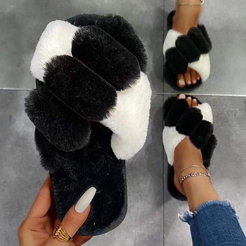 Модные тапочки из меха смешанных цветов для женщин Осень Зима 2025 Мягкая подошва Длинный плюш Для дома и улицы Шлепанцы Женские Пушистые Уютные