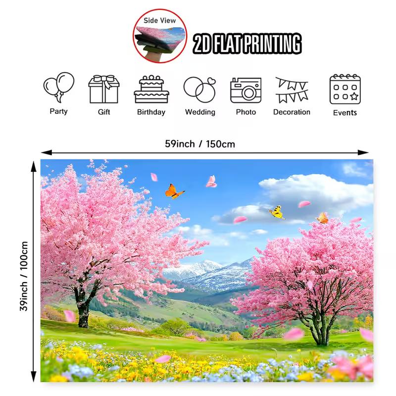 2D Colorful Butterflies and Sakura Trees in a Green Spring Landscape