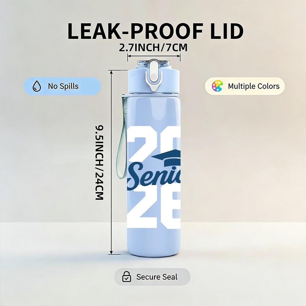 1PC Class Of 26 Senior Script Art 750ml Color Plastic Sports Water Bottle Leakproof Flip Straw Lid Suitable for Sports Office Home Use