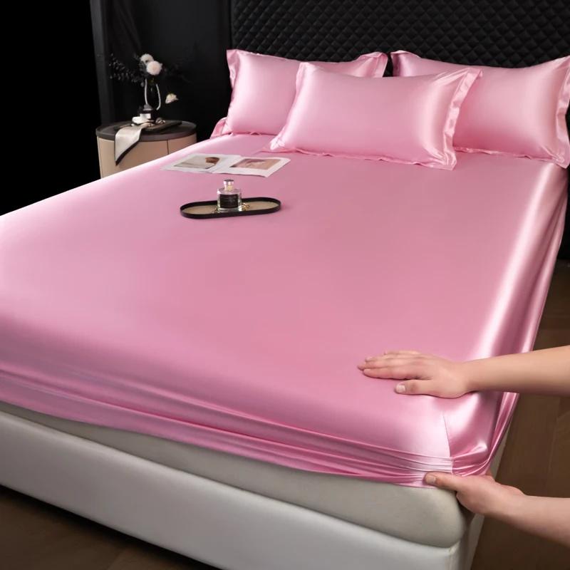 1 шт. Сатин Эластичная Натяжная Простыня Однотонный Чехол на Матрас для Односпальной Двуспальной Двуспальной Кровати King Queen Full Twin Простыня Сатин Постельное Белье