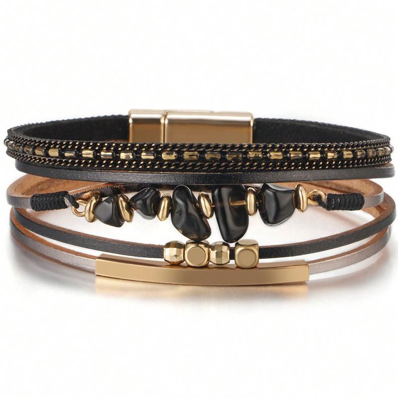 One Piece European and American Style Natural Stone Beaded Brass Tube Design Cowhide Rope Women Green Bracelet Summer Beach