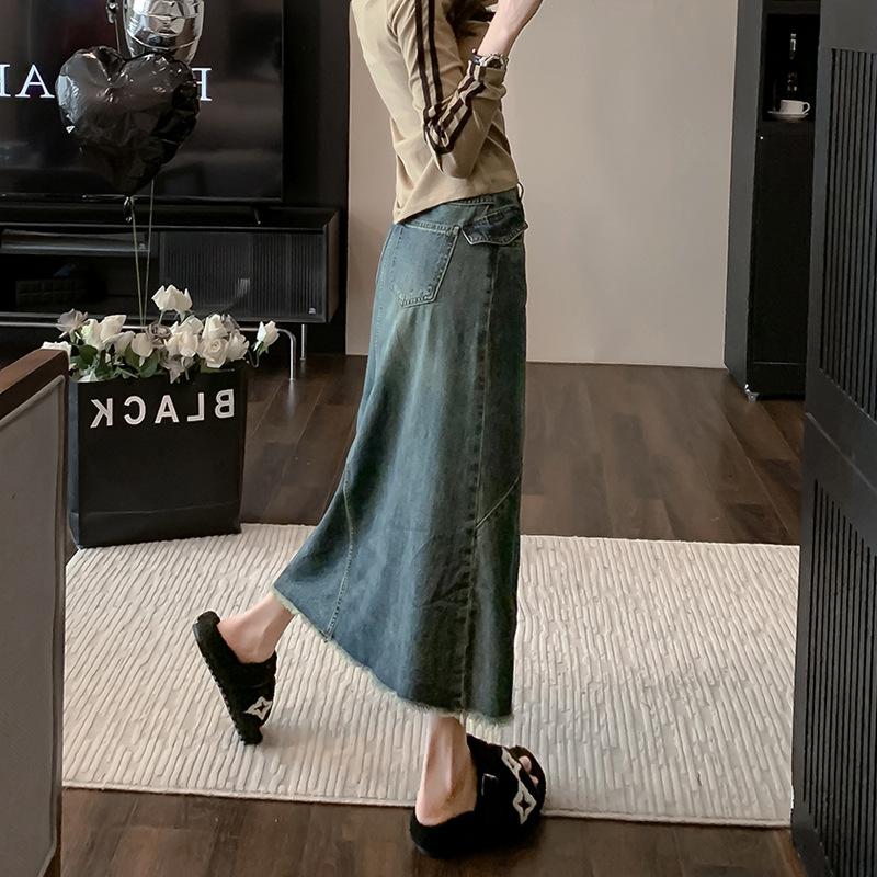 Весенне-летняя женская джинсовая юбка. Открытая джинсовая юбка до половины тела. Тонкая юбка с высокой талией. Мясное грушевидное боди в длинной юбке А-силуэта.